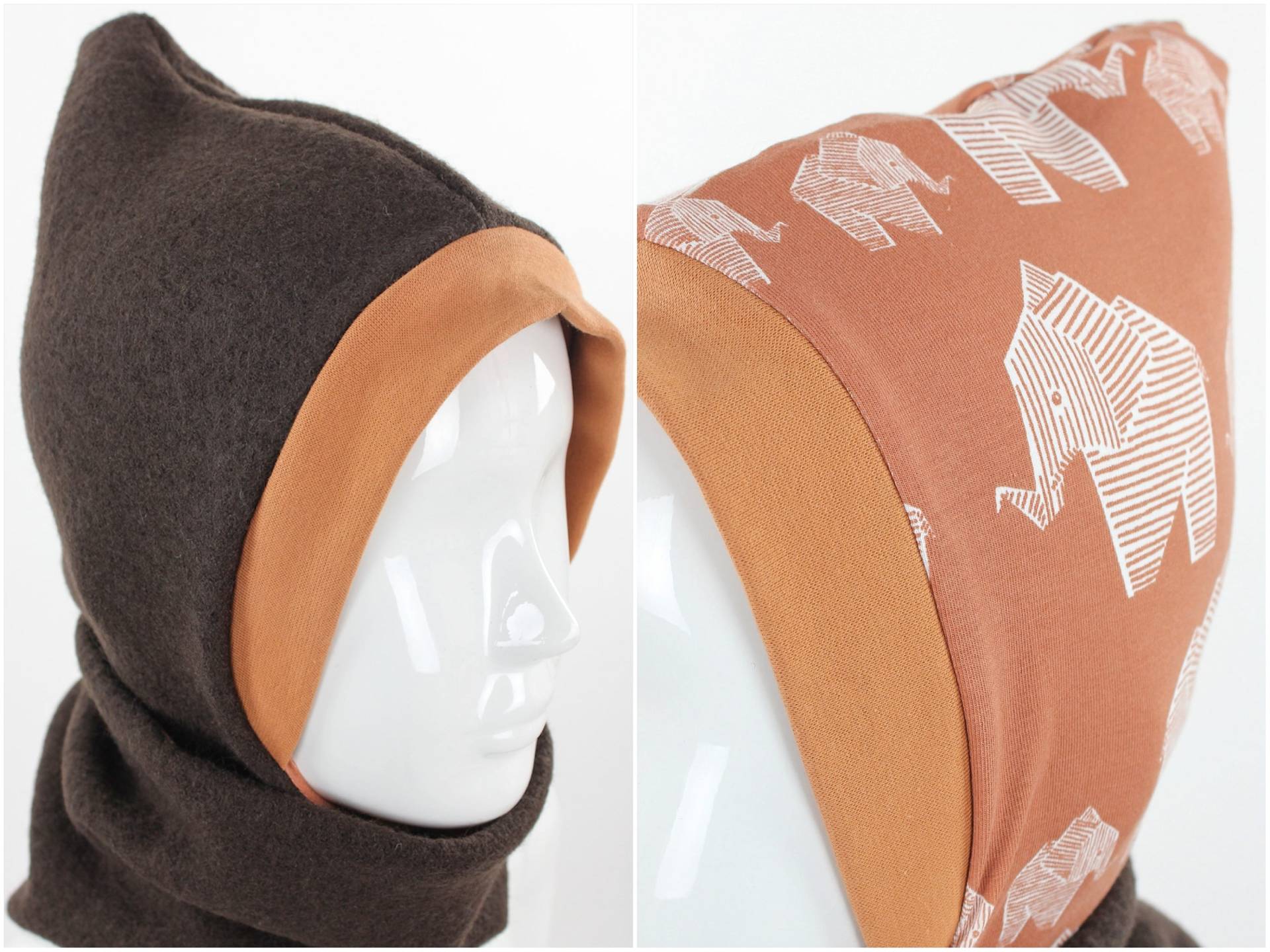 Kinder-Wollmütze Zum Wenden Braun Mit Elefanten Bio-stoffe von fuxandfriends