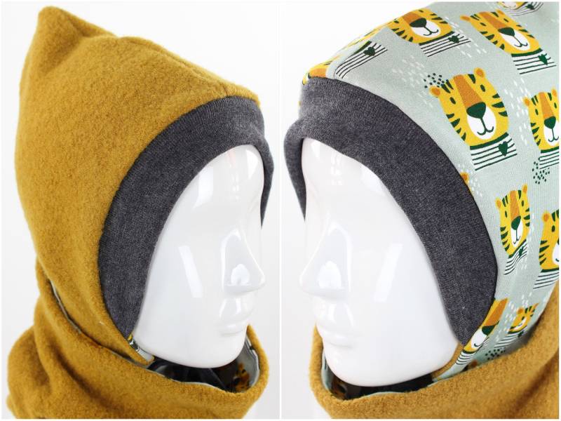 Kinder-Wollmütze Zum Wenden Gelb Mit Tigern Auf Hellgrau von fuxandfriends