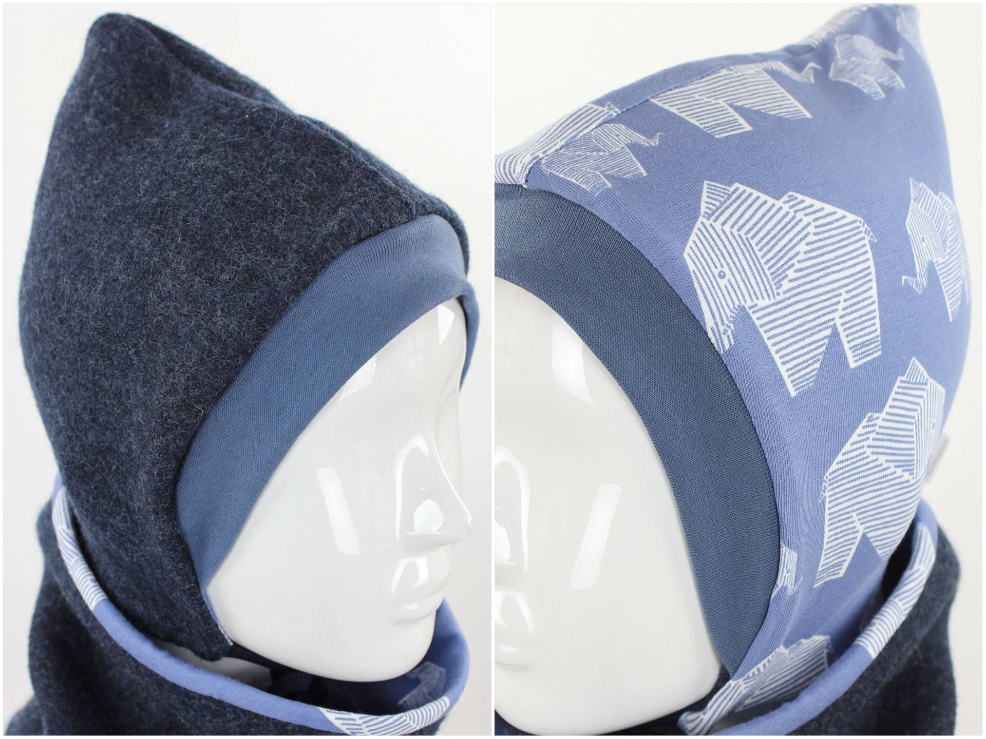 Kinder-Wollmütze Zum Wenden Marineblau Meliert Mit Elefanten Auf Blau Bio-stoffe von fuxandfriends