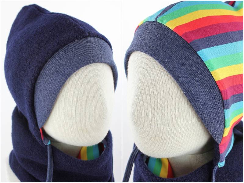 Kinder-Wollmütze Zum Wenden Marineblau Mit Regenbogenstreifen von fuxandfriends