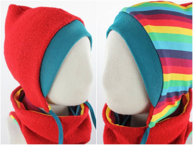 Kinder-Wollmütze Zum Wenden Rot Mit Regenbogenstreifen von fuxandfriends