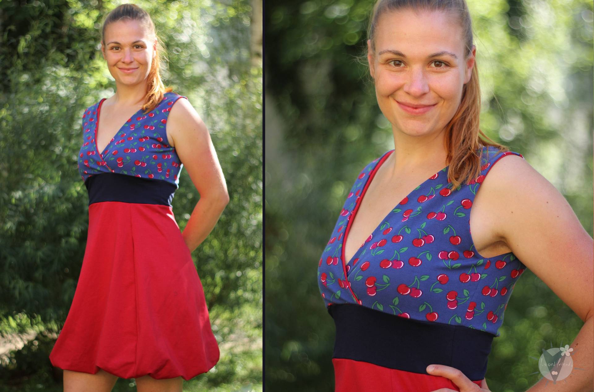 Sale S Ballonkleid Rot Mit Kirschen Auf Blau, Stilloption, Leichtes, Dehnbares Sommerkleid Aus Öko-Jersey von fuxandfriends