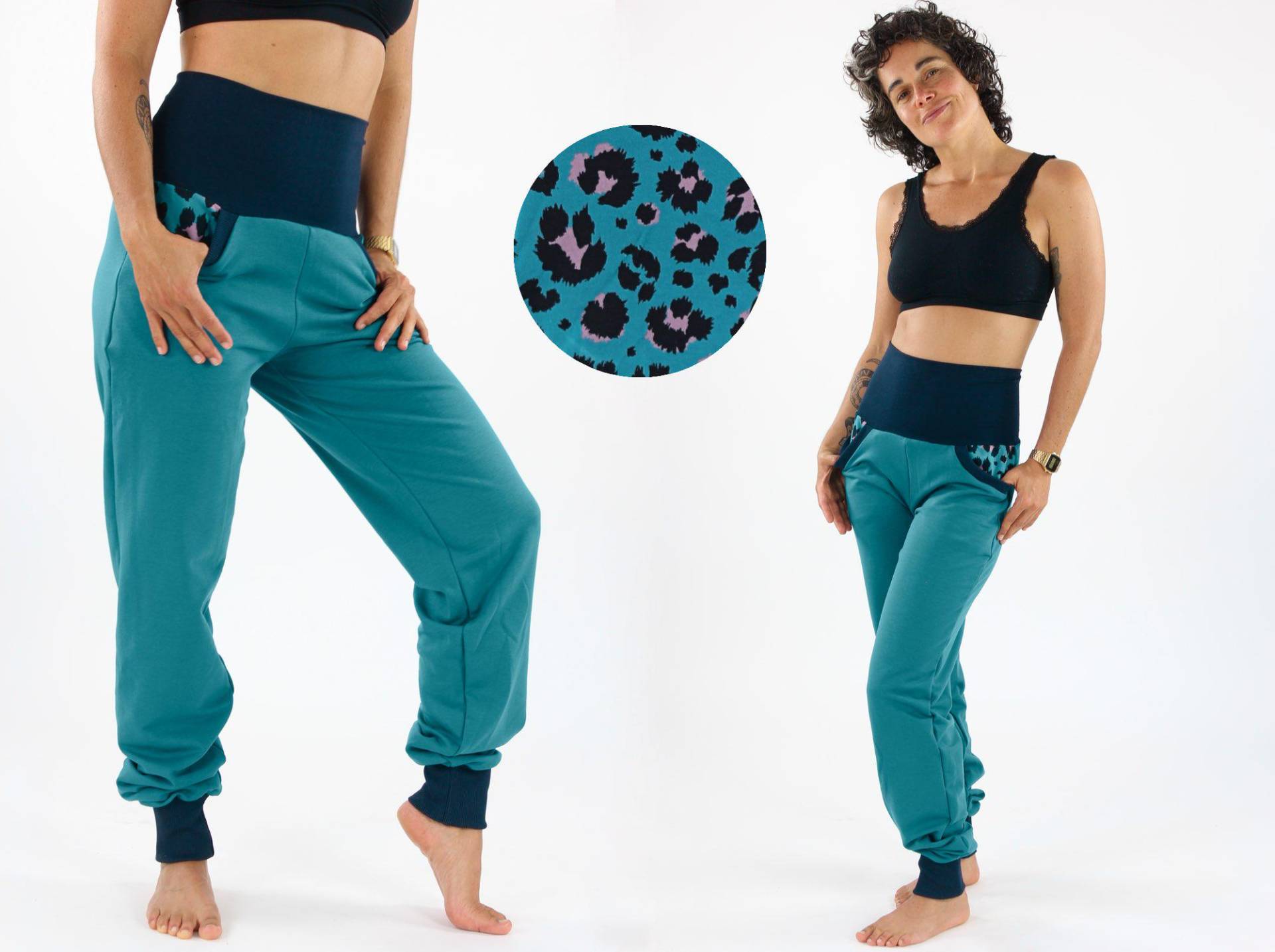 Sweat-Jogginghose Unisex Petrol Und Leopardenmuster von fuxandfriends