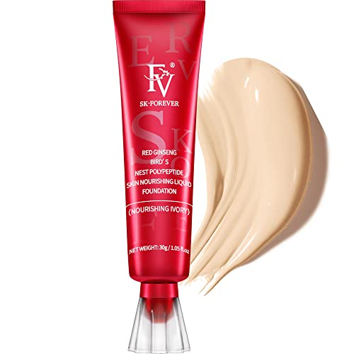 Full Coverage Foundation, FV Flüssige Foundation mit Concealer, Langanhaltend, Feuchtigkeitsspendende Concealer für Trockene Hault Normale Haut Make-up, Vegane Formel, Farbton Nourishing Ivory, 30 ml von FV