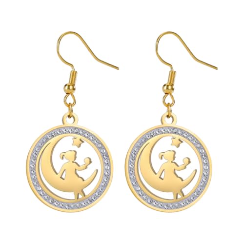 Luxusfrau, sitzend auf dem Mond Ring Anhänger Edelstahl Tropfen Ohrringe von fycouyee