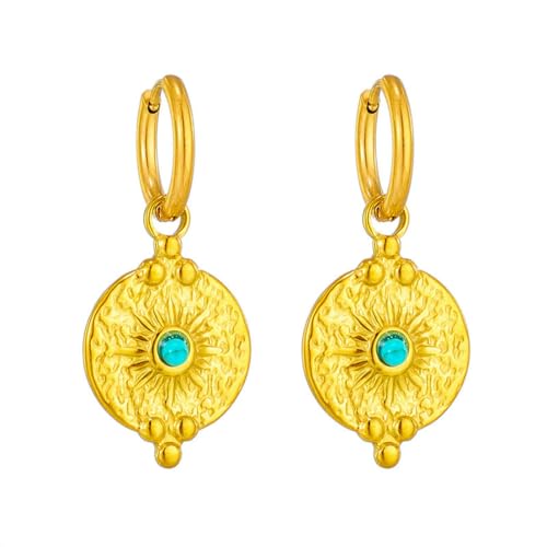 Mode Vintage unregelmäßige runde türkis Sonnenblume Anhänger Titan Stahl Ohrringe von fycouyee