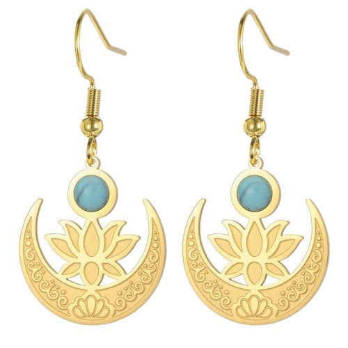 Vintage Mond Ohrringe Lotus Saphir Anhänger Edelstahl Ohrringe von fycouyee