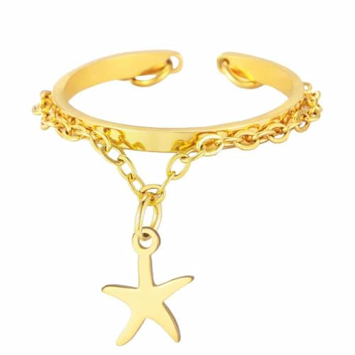 fycouyee Edelstahl Damen offener Ring mit Kette Stern Kreuz rund Charme verstellbarer Ring Mode minimalistischer Schmuck von fycouyee