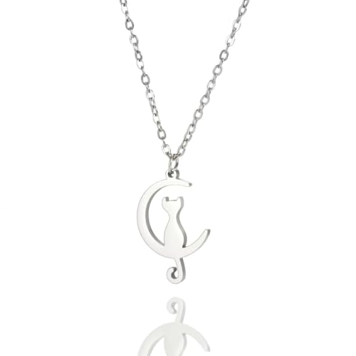 fycouyee Einfache 18 Karat nicht verblassende Kätzchen-Mond-Anhänger-Halskette aus Edelstahl von fycouyee