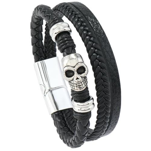 fycouyee Handgewebtes Herrenarmband aus Leder Punk Totenkopf mit Magnetschnalle von fycouyee