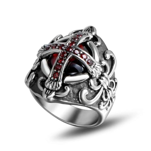 fycouyee Männlich Gothic Kreuz Extravagant Persönlichkeit Ring Rotes Juwel Titan Stahl von fycouyee