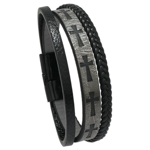 fycouyee Mehrschichtiges, handgewebtes PU-Leder-Kreuzarmband mit Magnetschnalle für Herren von fycouyee