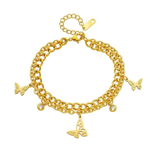 fycouyee Mode Vintage durchbrochenes Schmetterling Zirkon Titan Stahl Doppelkette Armband fycouyee Mode Vintage durchbrochenes Schmetterling Zirkon Titan Stahl Doppelkette Armband von fycouyee