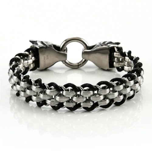 fycouyee Punk Edelstahl Doppelwolf Kopfring Verschluss geflochtenes Herren Lederarmband von fycouyee