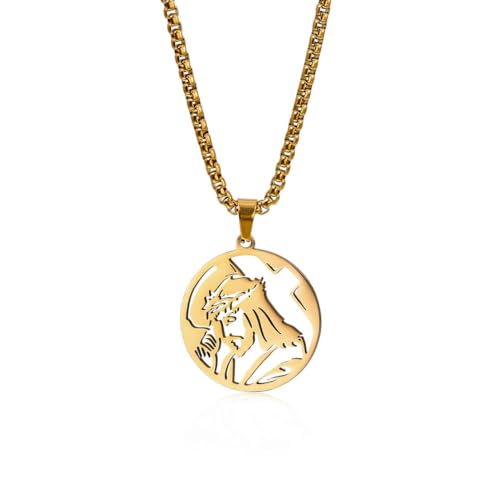fycouyee Runde hohle JESUS Kreuz Anhänger Halskette aus Edelstahl Statement Vintage Pullover Kette von fycouyee