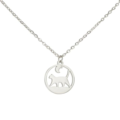 fycouyee Schmuck Mode minimalistische Katze Anhänger Edelstahl Halskette unter dem Mond von fycouyee