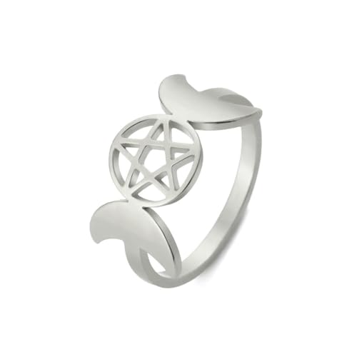 fycouyee Schmuck hohl Pentagramm Doppelmond Edelstahl Ring Vintage Naturschmuck von fycouyee
