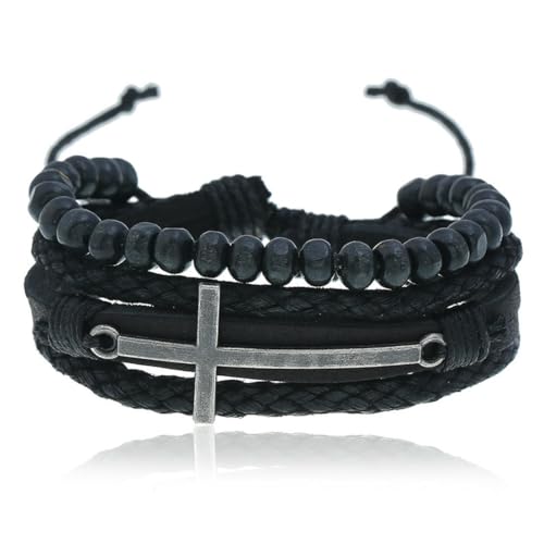 fycouyee Schwarzes Vintage Perlenarmband aus Leder Mehrschichtig gewebt von fycouyee