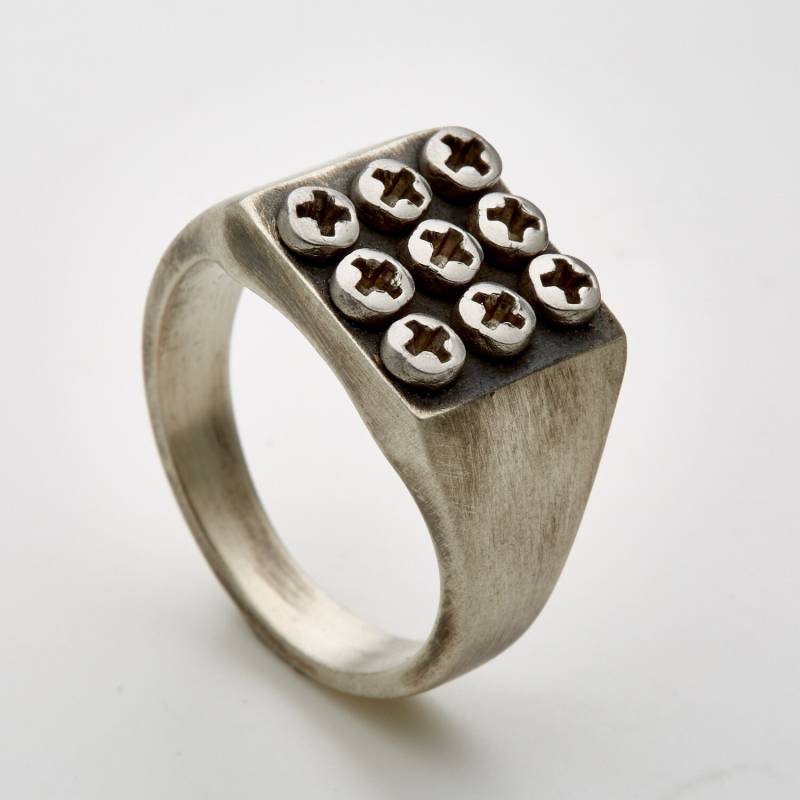 9 Square-Philips-Bolts-Tictactoe-Mechanic-Upcycling-Industrial-Foundobjects-Silver Rings-Industrial Design-Burningman von galbarash