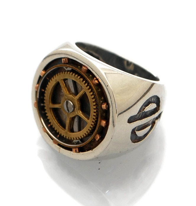 Großer Kompass - Herren Steampunk Ring-Signet Ring-Herren Signet-Signet Ring-Herren-Steampunk Chunky Silber Zahnrad Ring-Mj von galbarash