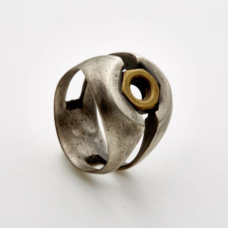 Offene B Nut Siegelring-Mechanik Ring-steam Punk Verlobungsring-Power Ehering-Cool Ring-Two Tone Ring-Mj von galbarash