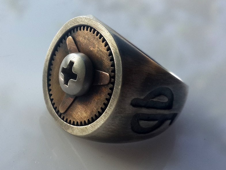 Rustikaler Steampunk-Statement Ring-Grange-Signet Ring-Herren Signet Ring-Großer Starker Ring-Steampunk Verlobungsring-Herren Chunky Ring-Mad Max-Mj von galbarash