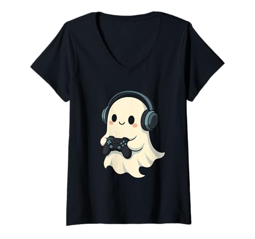 Damen Gamer Ghost mit Kopfhörer-Controller T-Shirt mit V-Ausschnitt Damen Gamer Ghost mit Kopfhörer-Controller T-Shirt mit V-Ausschnitt von gamer ghost headphones controller halloween