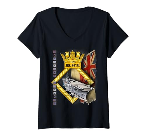 Damen Flugzeugträger „HMS Ark Royal“ T-Shirt mit V-Ausschnitt Damen Flugzeugträger „HMS Ark Royal“ T-Shirt mit V-Ausschnitt von gaming, geschenkidee, großbritannien,
