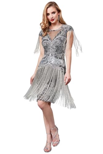gatsbylady london Sybil Randbereich Flapper Kleid In Schwarz Silber (DE/NL/SE/PL, Numerisch, 36, Regular, Regular, Black Silver) von gatsbylady london