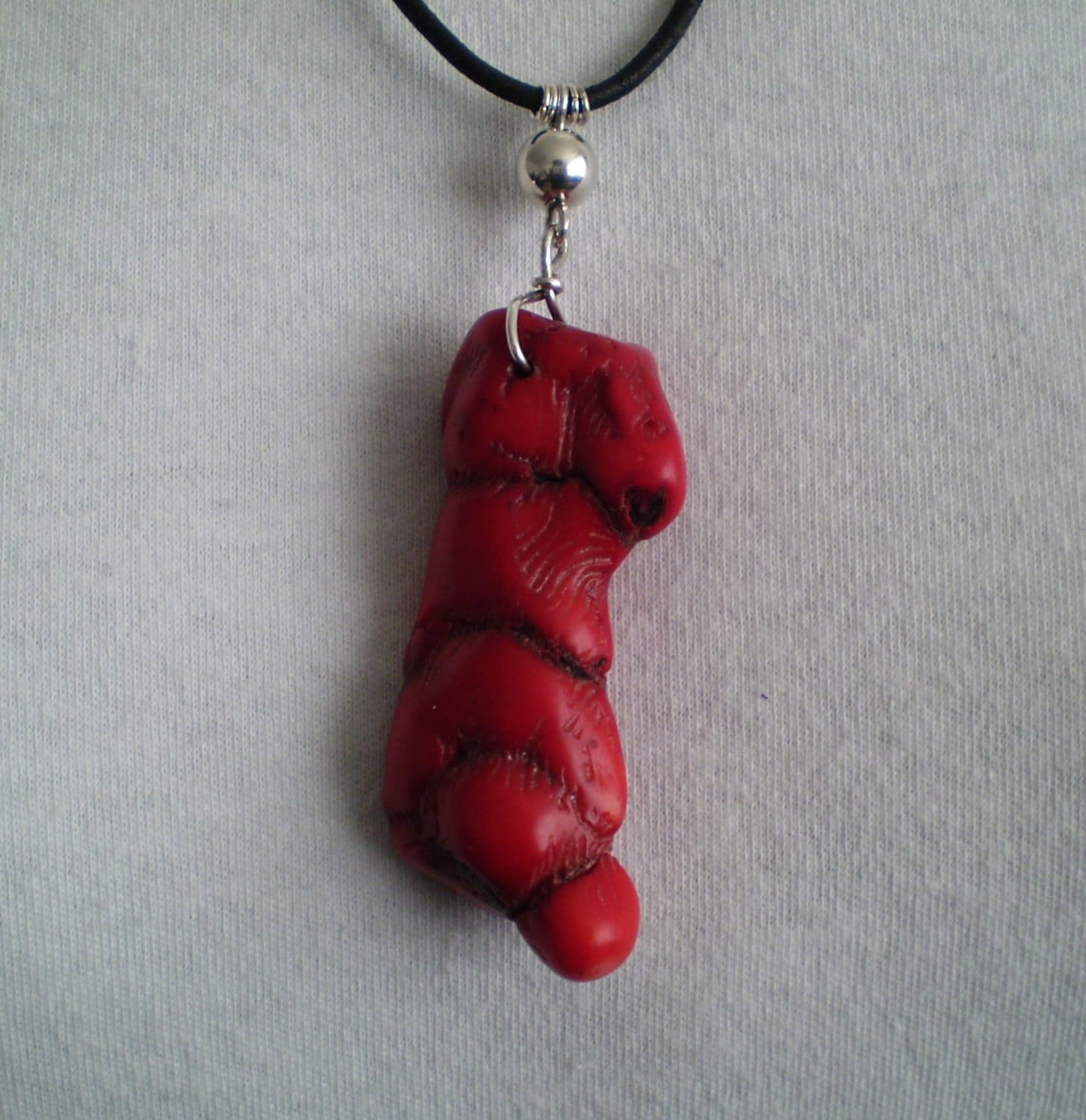 Anhänger Halskette Roter Ast Koralle 58mm X 26mm Sterling Silber & Versilbert Auf 22 Zoll Schwarzes Lederband von gaynells