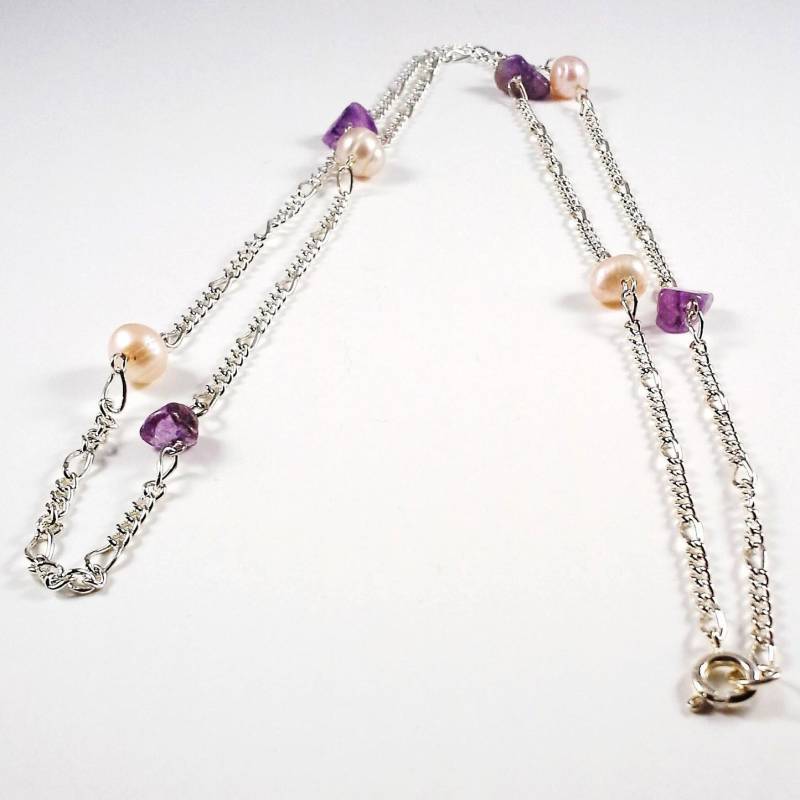 Champagner Süsswasserperlen Und Amethyst Halskette An Versilberter Kette 25 Zoll von gaynells