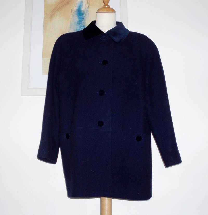 Vintage 3/4 Marine Wollmantel Eastex, Samtkragen Und Knöpfe Gb Uk 14, Us 10 12 C 1980S von gayretro