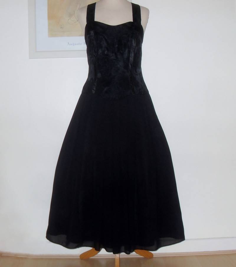 Vintage Schwarzes Abschlussballkleid Von Hamells Brokat Mieder Chiffon Rock Klein C.1980 von gayretro