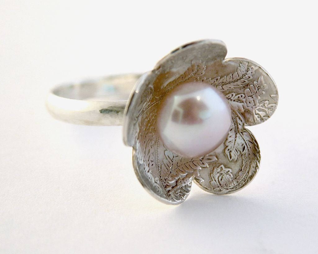 sterling Silber Perle Ring, Blume Floral Cocktail Juni Birthstone Schmuck, Für Sie sterling Silber Perle Ring, Blume Floral Cocktail Juni Birthstone Schmuck, Für Sie von gazellejewelry