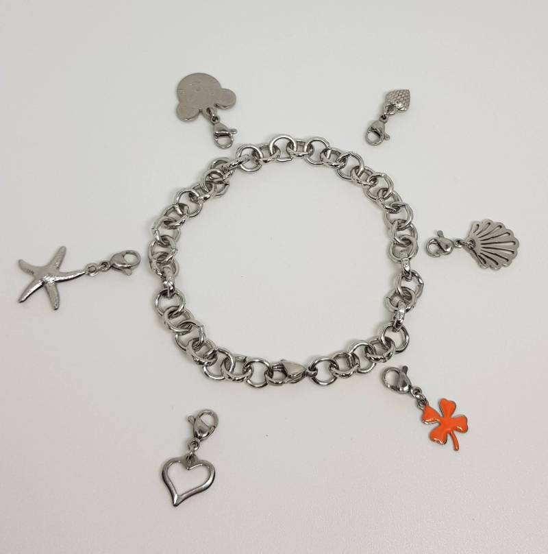 Bettelarmband Fußkettchen Aus Edelstahl Glück , 6 Anhängern in Silber Von Geraspel Wunschfarbe von geRaspel