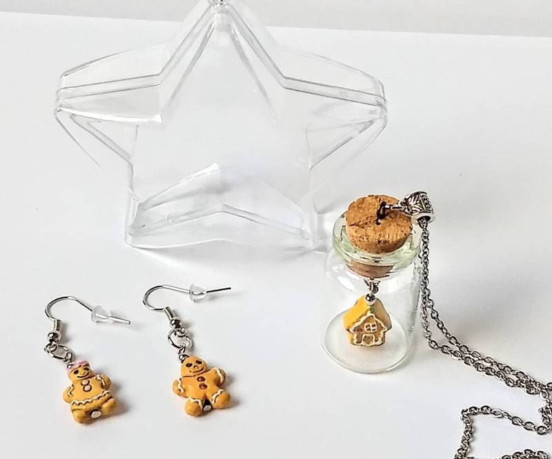 Sale Lebkuchen Ohrringe Und Flasche Halskette Mit Lebkuchenhaus von geekiecraftie