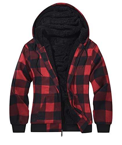geeksport Fleecejacke Herren Sweatjacke Männer mit Kapuze Warme Kapuzenjacke Gefüttert Winterjacke Kariertes Hoodie mit ReißVerschluss, 0569-Rot XL von geeksport