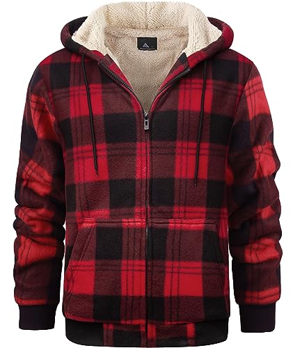 geeksport Fleecejacke Herren Sweatjacke Männer mit Kapuze Warme Kapuzenjacke Gefüttert Winterjacke Kariertes Hoodie mit ReißVerschluss, 2539-Rot 2XL von geeksport