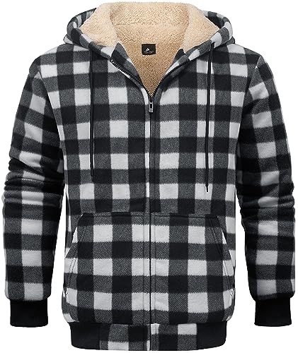 geeksport Fleecejacke Herren Sweatjacke Männer mit Kapuze Warme Kapuzenjacke Gefüttert Winterjacke Kariertes Hoodie mit ReißVerschluss, 2539-Schwarz M von geeksport