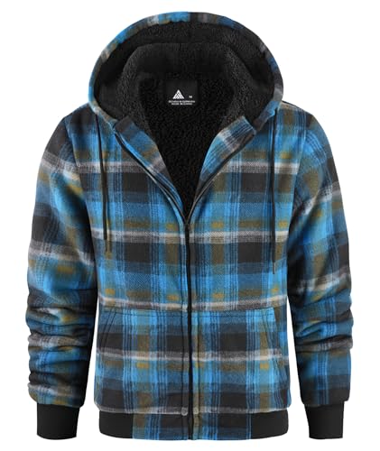 geeksport Fleecejacke Herren Sweatjacke Männer mit Kapuze Warme Kapuzenjacke Gefüttert Winterjacke Kariertes Hoodie mit ReißVerschluss, Blau-Gelb XL von geeksport