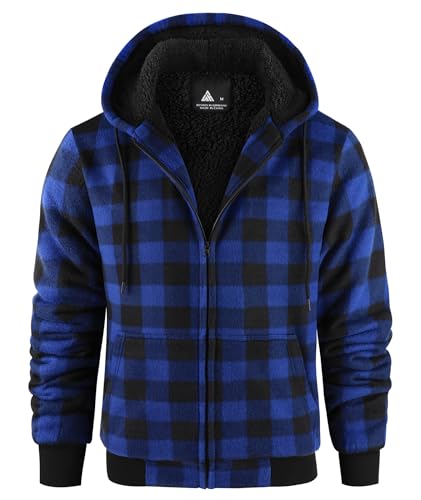 geeksport Fleecejacke Herren Sweatjacke Männer mit Kapuze Warme Kapuzenjacke Gefüttert Winterjacke Kariertes Hoodie mit ReißVerschluss, Blau-Schwarz L von geeksport