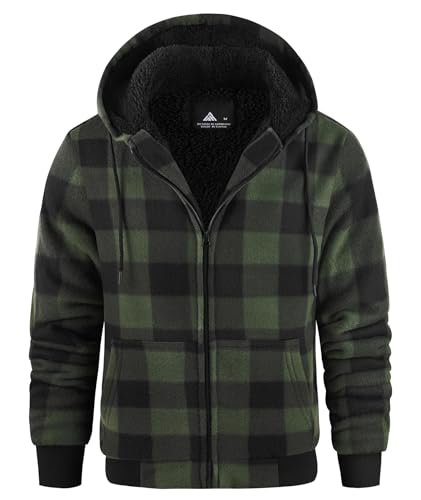 geeksport Fleecejacke Herren Sweatjacke Männer mit Kapuze Warme Kapuzenjacke Gefüttert Winterjacke Kariertes Hoodie mit ReißVerschluss, Dunkelgrün XL von geeksport