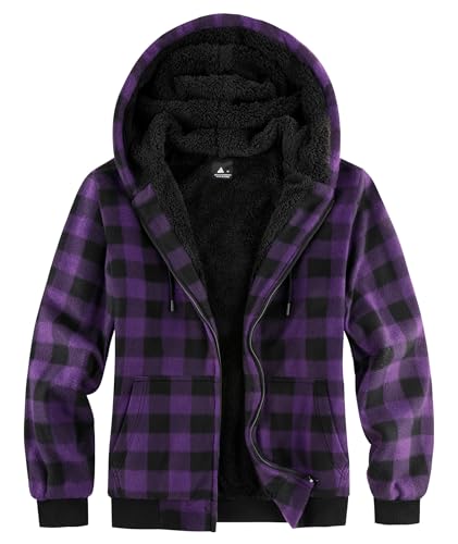 geeksport Fleecejacke Herren Sweatjacke Männer mit Kapuze Warme Kapuzenjacke Gefüttert Winterjacke Kariertes Hoodie mit ReißVerschluss, Lila 2XL von geeksport