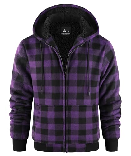 geeksport Fleecejacke Herren Sweatjacke Männer mit Kapuze Warme Kapuzenjacke Gefüttert Winterjacke Kariertes Hoodie mit ReißVerschluss, Lila M von geeksport