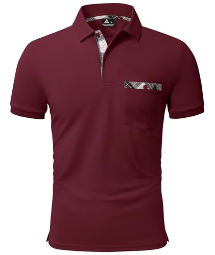 geeksport Poloshirt Herren Kurzarm Golf Polo mit Tasche Kontrastfarbe Sommer Atmungsaktive T-Shirt Business Elegant Polohemd für Männer(Weinrot 2XL) von geeksport
