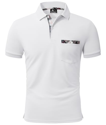 geeksport Poloshirt Herren Kurzarm Golf Polo mit Tasche Kontrastfarbe Sommer Atmungsaktive T-Shirt Business Elegant Polohemd für Männer(Weiß M) von geeksport