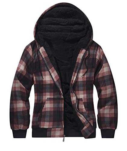 geeksport Fleecejacke Herren Sweatjacke Männer mit Kapuze Warme Kapuzenjacke Gefüttert Winterjacke Kariertes Hoodie mit ReißVerschluss, 0569-Braun L von geeksport