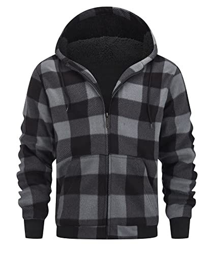 geeksport Fleecejacke Herren Sweatjacke Männer mit Kapuze Warme Kapuzenjacke Gefüttert Winterjacke Kariertes Hoodie mit ReißVerschluss, 0569-Grau M von geeksport