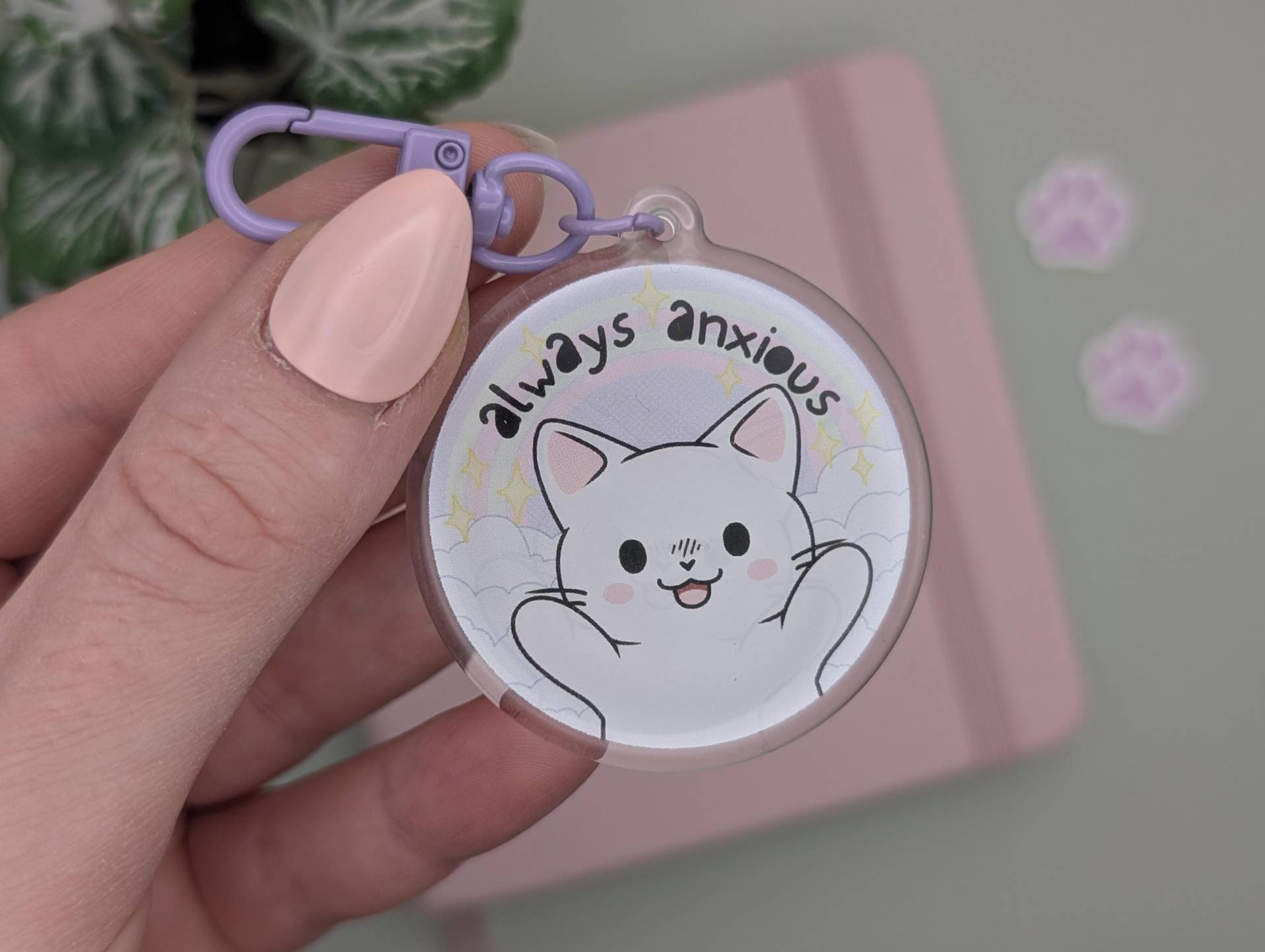 Always Ancious Katzen-Acryl-Schlüsselanhänger, Angst-Schlüsselanhänger, Niedlicher Kawaii-Katzenanhänger, Lustiges Katzenmeme, Für von geekyfeels
