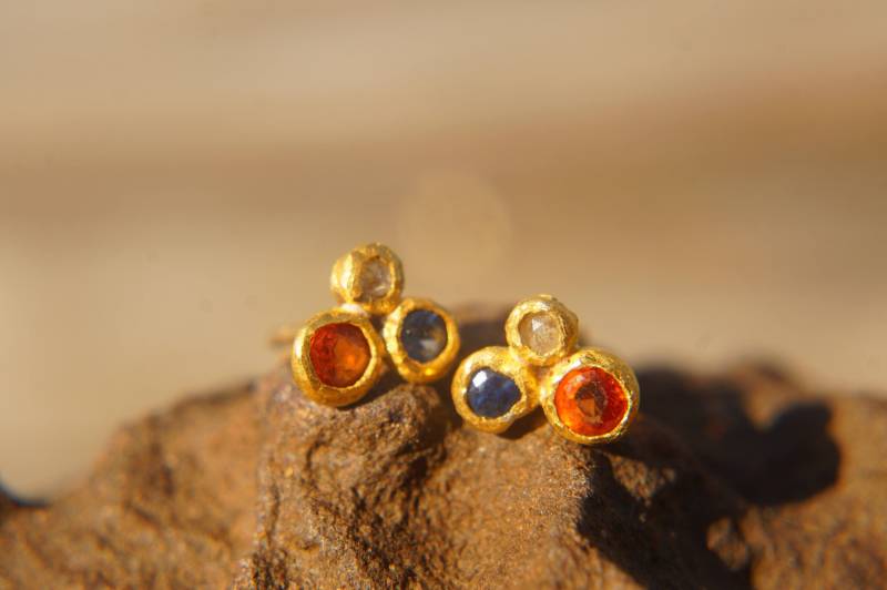 24K Gold//Orange Saphir & Diamanten//Diamant Ohrringe//Ohrstecker//Gold Ohrringe//Saphir Ohrringe//24K Gold Ohrring von geffenjewelry